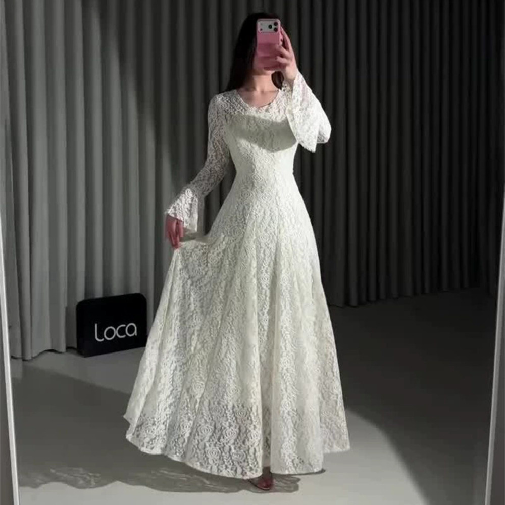 Forever 21 White Long-Sleeve Lace Soft Waist Maxi Dress